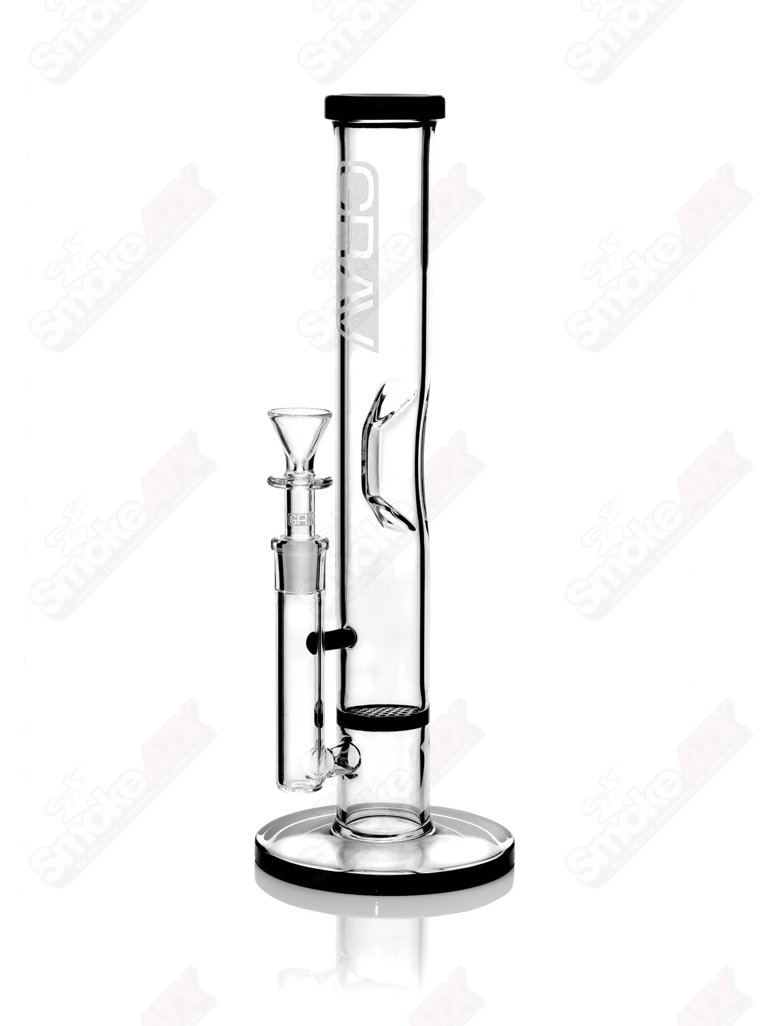 12-inch clear and black disk perc straight base waterpipe by Grav with black accents, made of glass, designed for smooth smoking.
