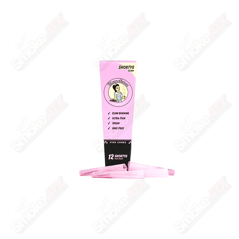 12-pack of 53mm pink Blazy Susan Shorty cones for rolling, featuring vibrant pink color and compact size for convenient use.