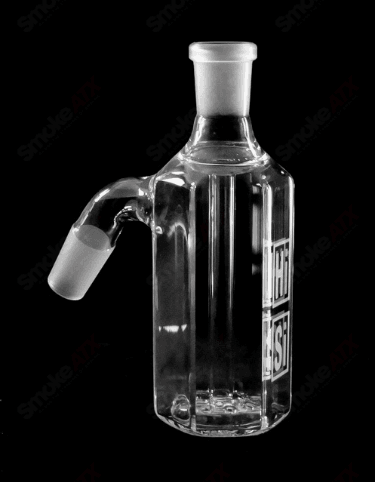 HiSi Glass 14mm Hex V Arm Ashcatcher made of glass for smoking pipes, featuring a hex V arm design for filtration.