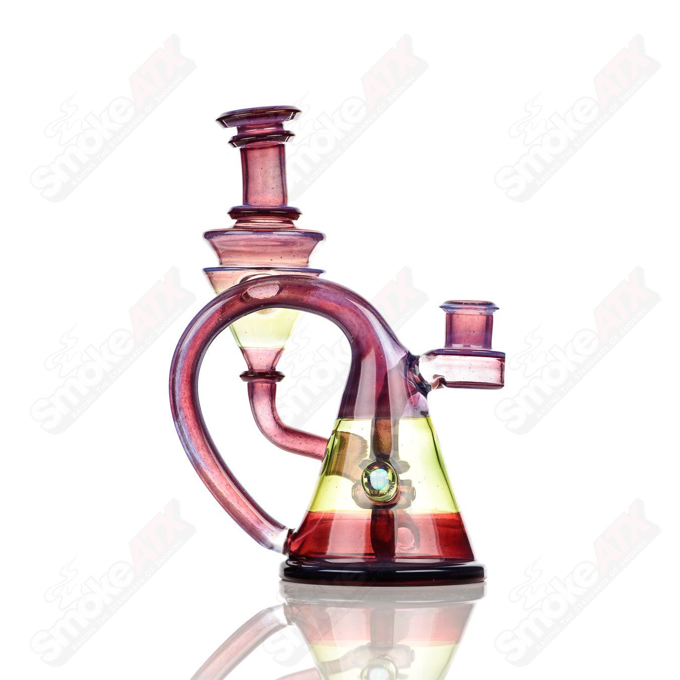 Cerio 14mm V2 Quickdraw Blue Satin over Phoenix dipped in Glopal paired with Green Energy Recycler glass, heady glass recycler piece