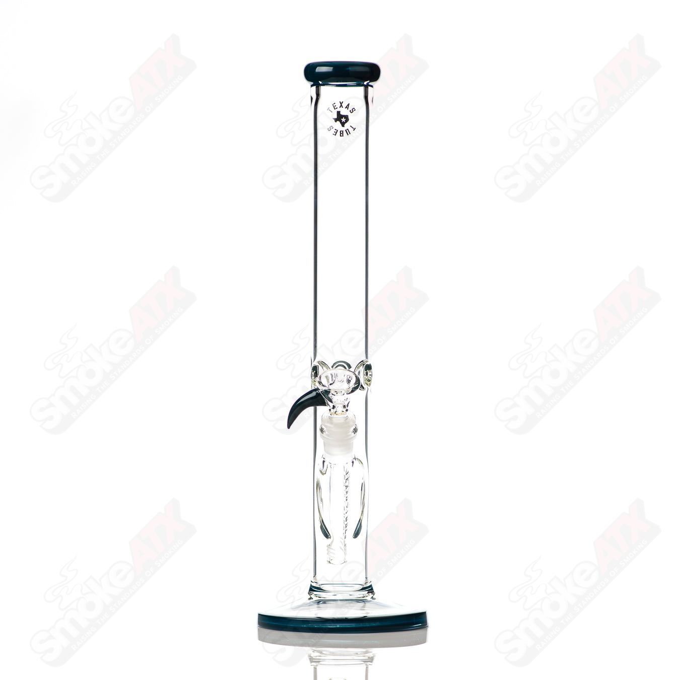 Deep Sea Blue 16-inch 14mm straight glass tube by Texas Tubes, showcasing a sleek, transparent design with blue accents.