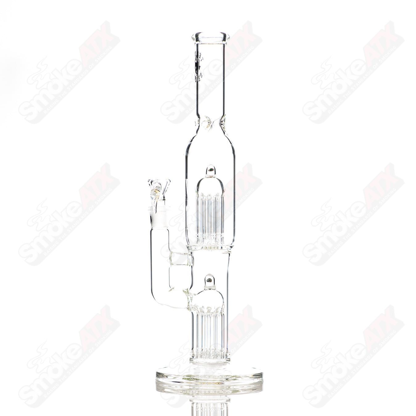 16-inch Texas Tubes glass twin 8-arm straight tubes with 18mm diameter, featuring intricate arm design.