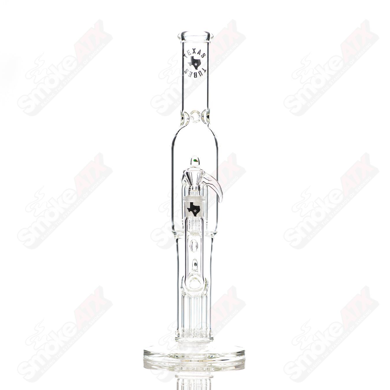 16-inch Texas Tubes glass straight tube with 18mm diameter and twin 8-arm design, featuring a Texas Tubes logo and clear glass construction.