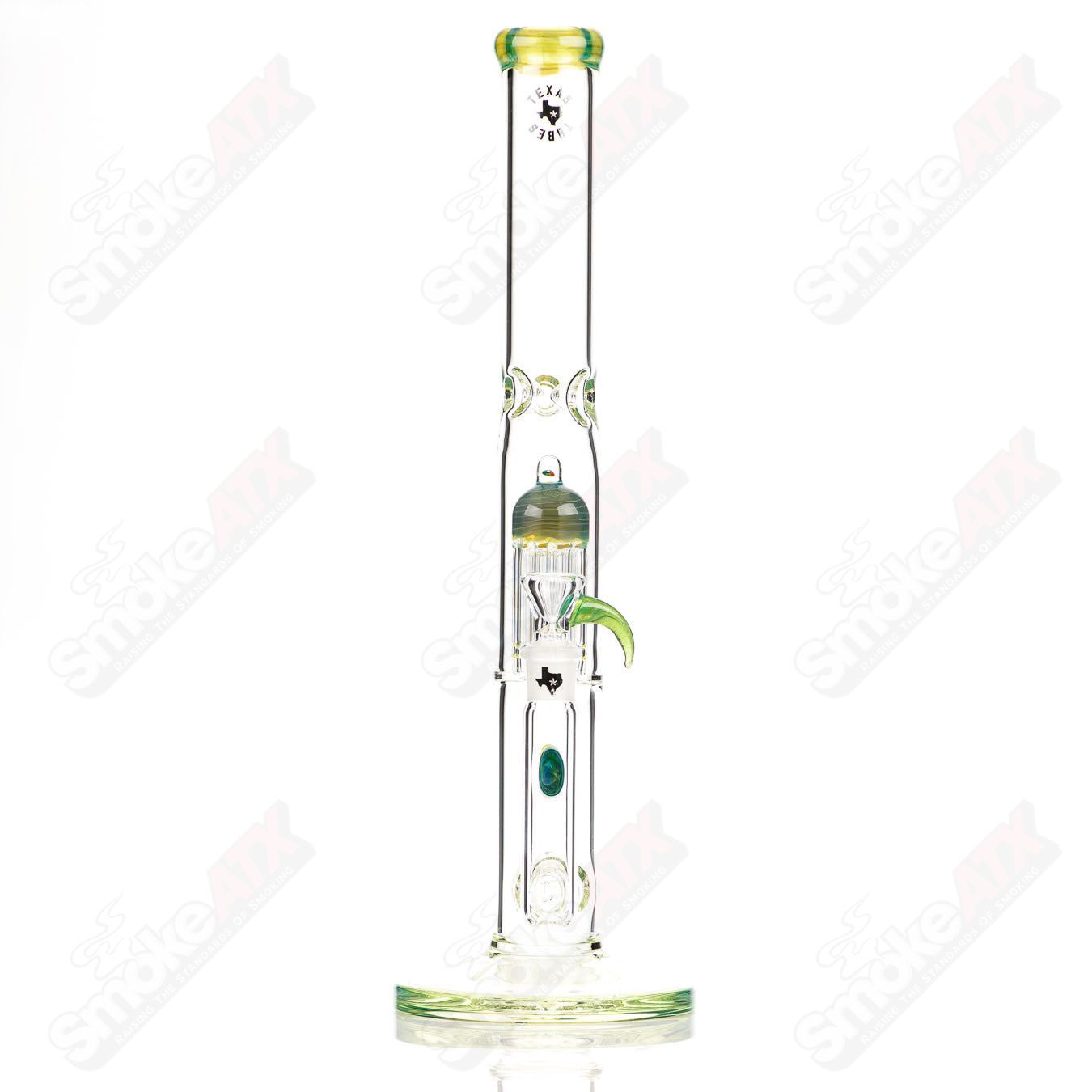 17-inch Texas Tubes glass straight bong with 18mm dual-stemline and 8-arm green energy design, showcasing intricate glasswork.
