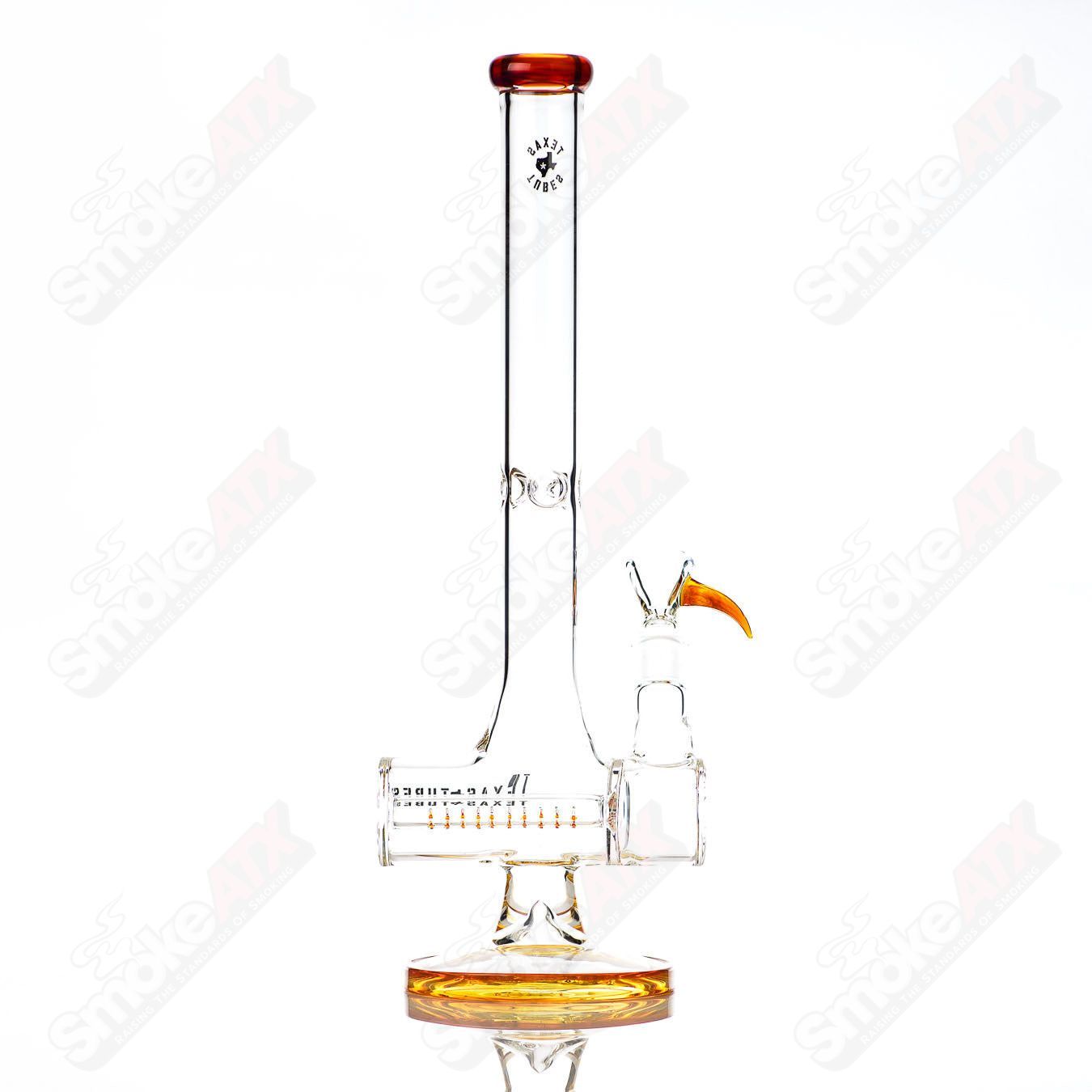 17-inch Texas Tubes glass inline waterpipe with 18mm amber purple Texas Tubes design and clear glass accents.