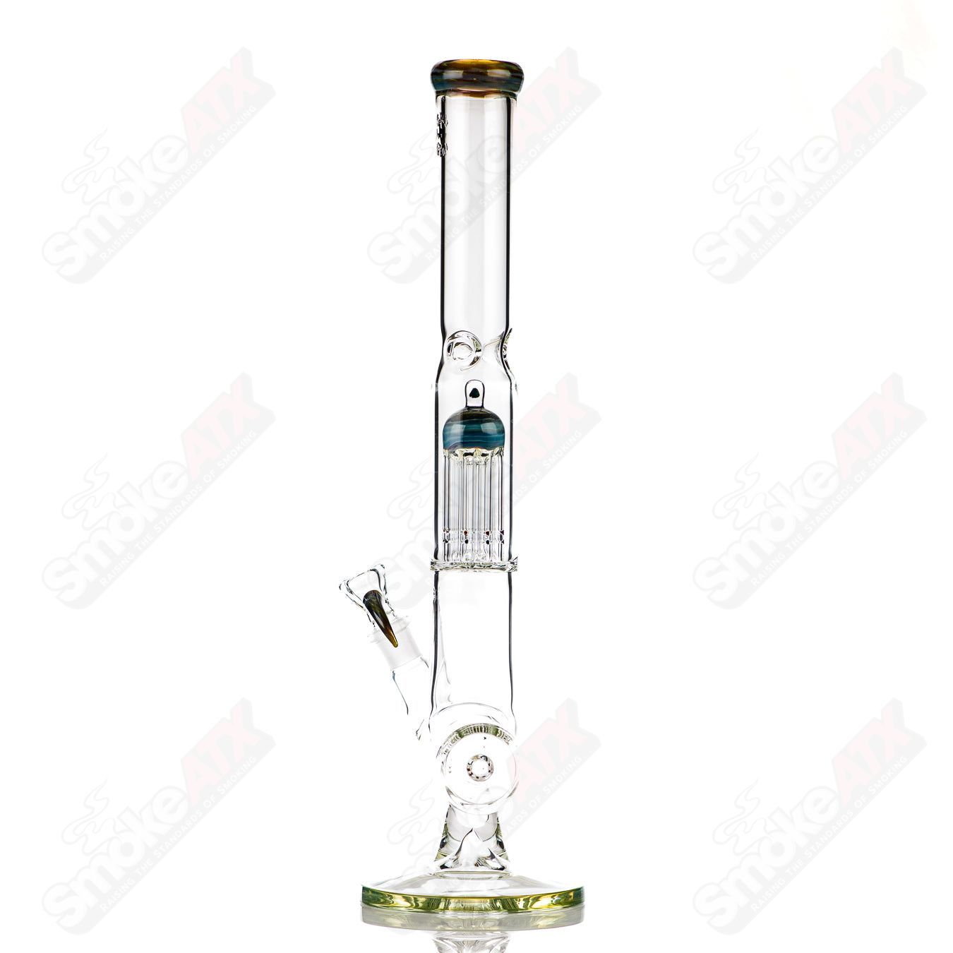18-inch Texas Tubes glass inline to 8-arm percolator straight tube with mystery adventurine color, 18mm diameter.