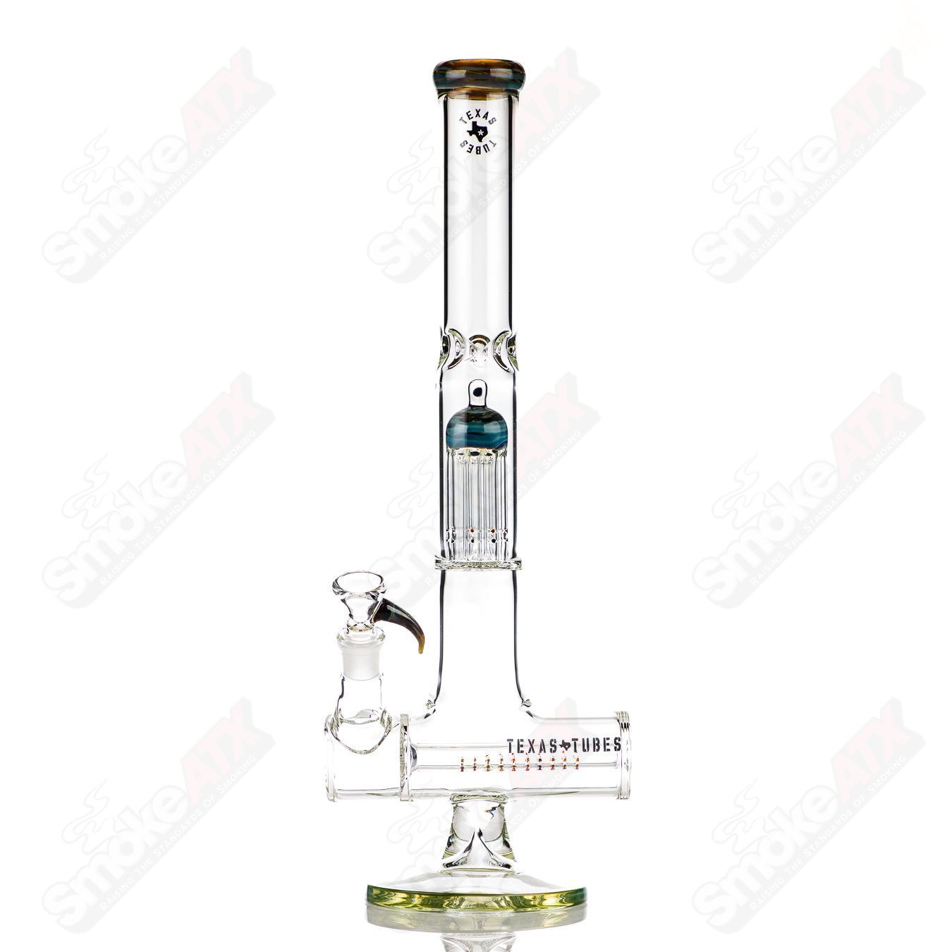 18-inch Texas Tubes glass inline to 8-arm recycler with mystery adventurine design, featuring 18mm joint and straight tube construction.