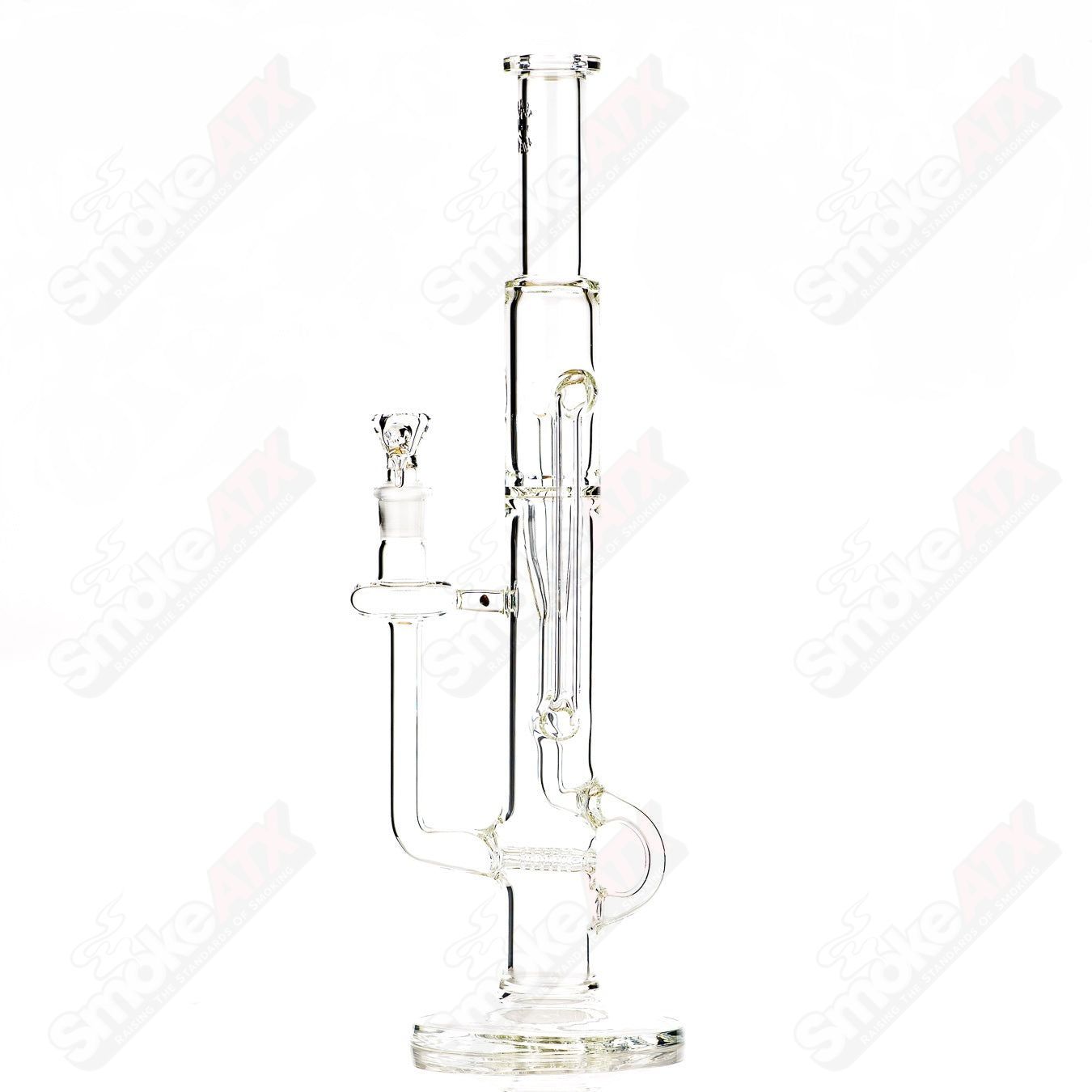 18-inch Texas Tubes Klein Recycler glass water pipe with twin 18mm uptake and sleek design.