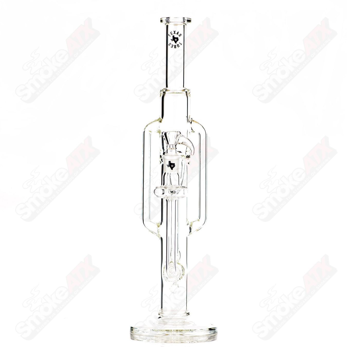18-inch Texas Tubes Klein Recycler glass bong with twin 18mm uptake tubes and a sleek design for smooth smoking experience.