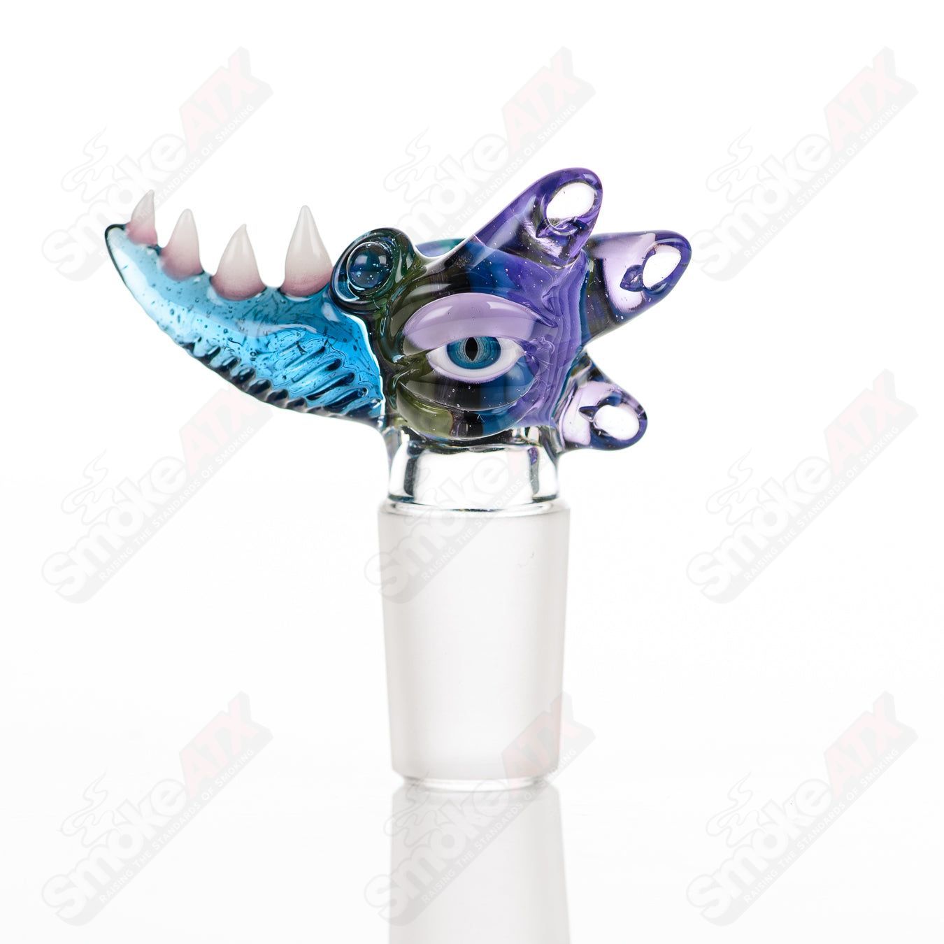 Salt Glass 19mm UV slide with 3 holes in purple rain, atomic stardust, green, purple, blue, and linework tubing for heady glass bowls.