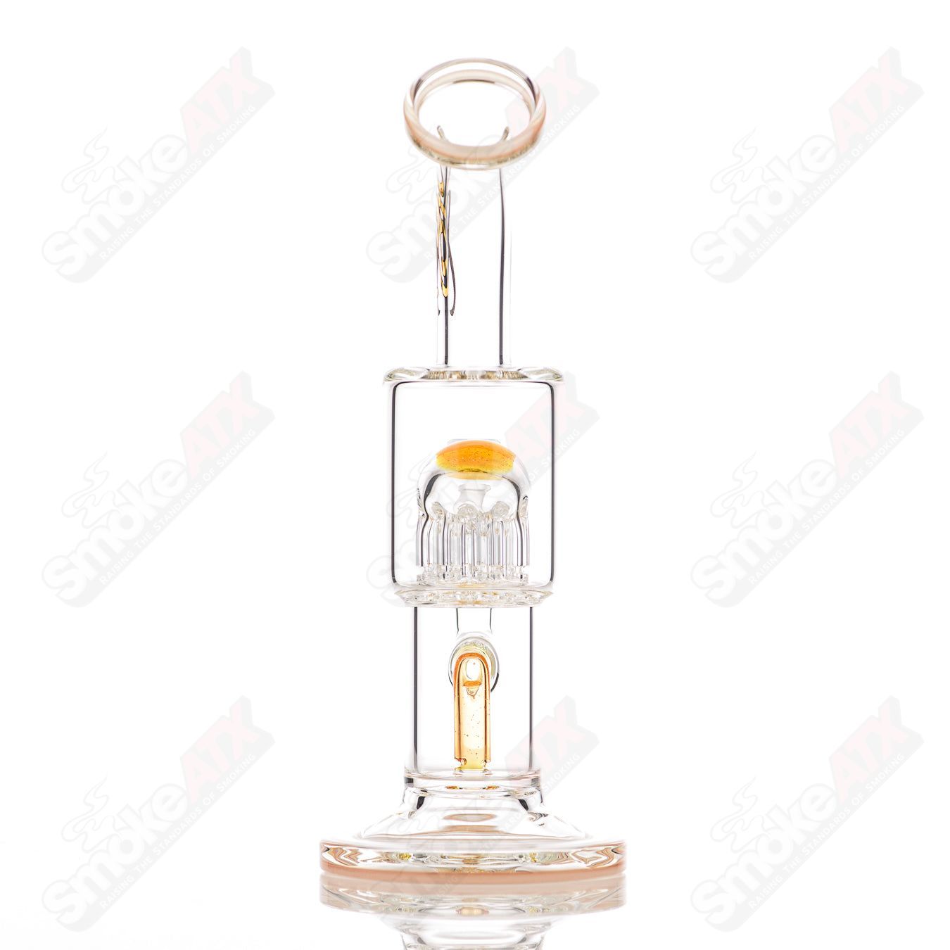 Toro Glass 10mm double macro 8-arm tree concentrate rig with colorful accent foot and mouthpiece, clear glass design.