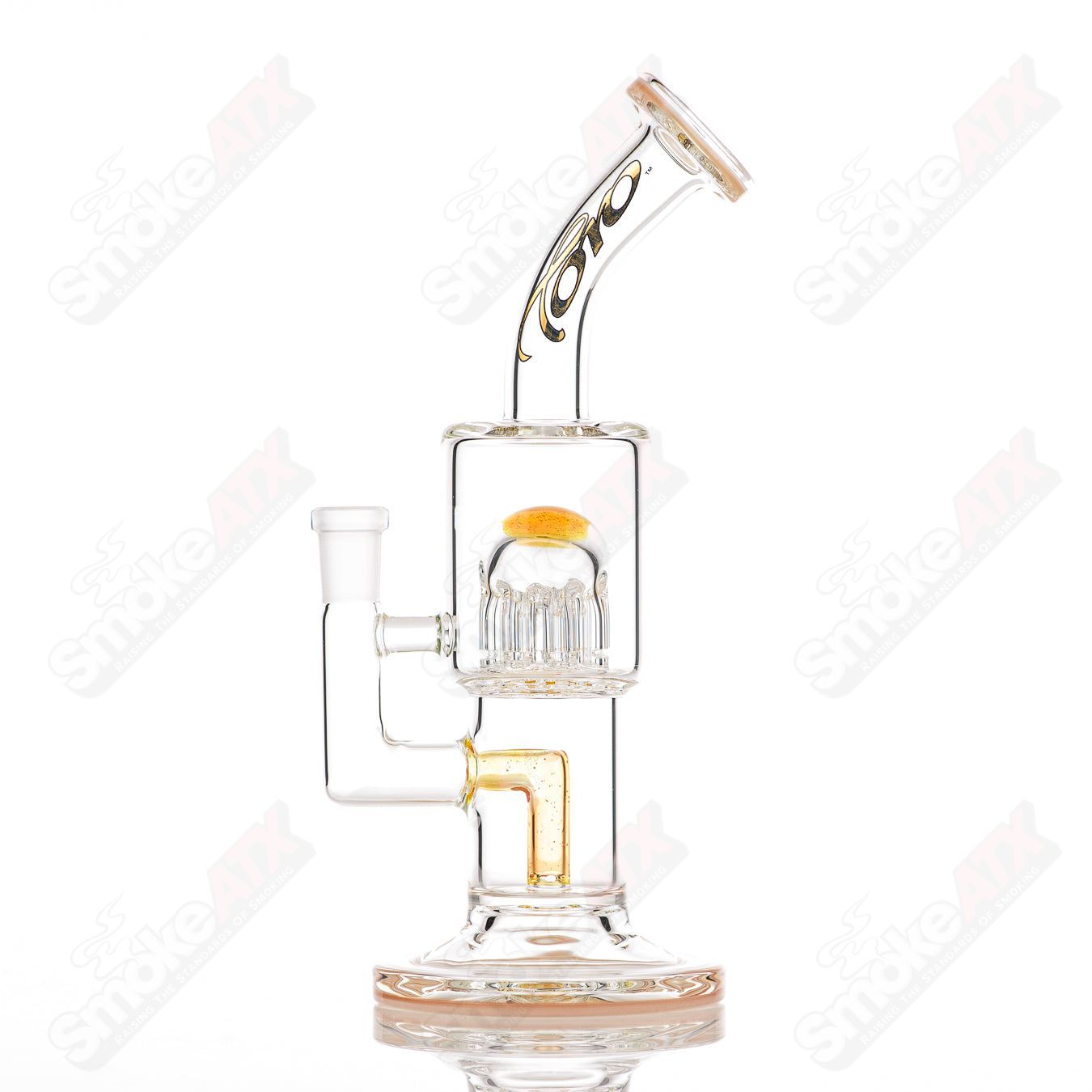 Toro glass concentrate rig with 10mm double macro 8-arm tree design, featuring two-color accent foot and mouthpiece.