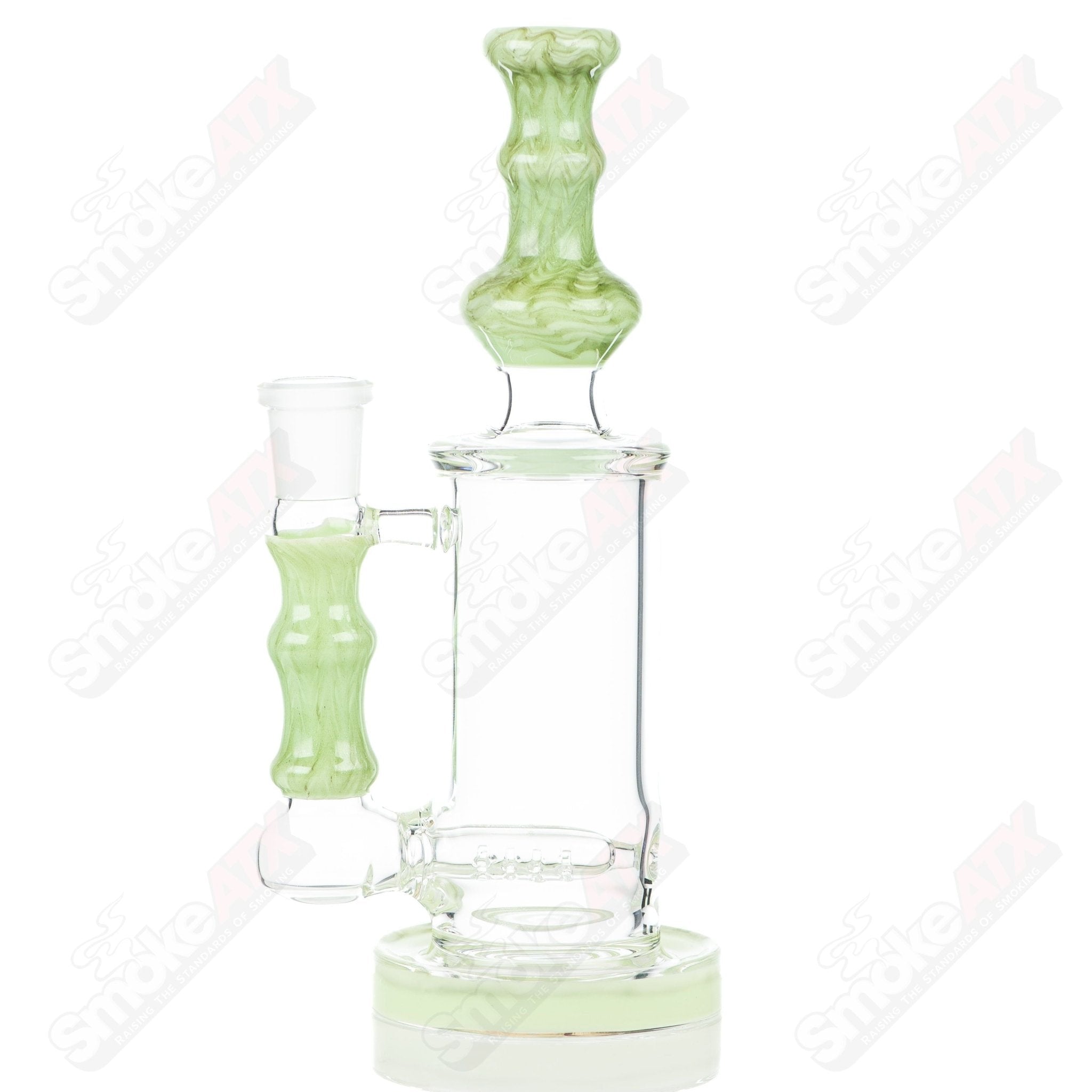Tagle Glass 18mm 50mm Wrap and Rake Inline Tube Bubbler made of clear glass with intricate design details.