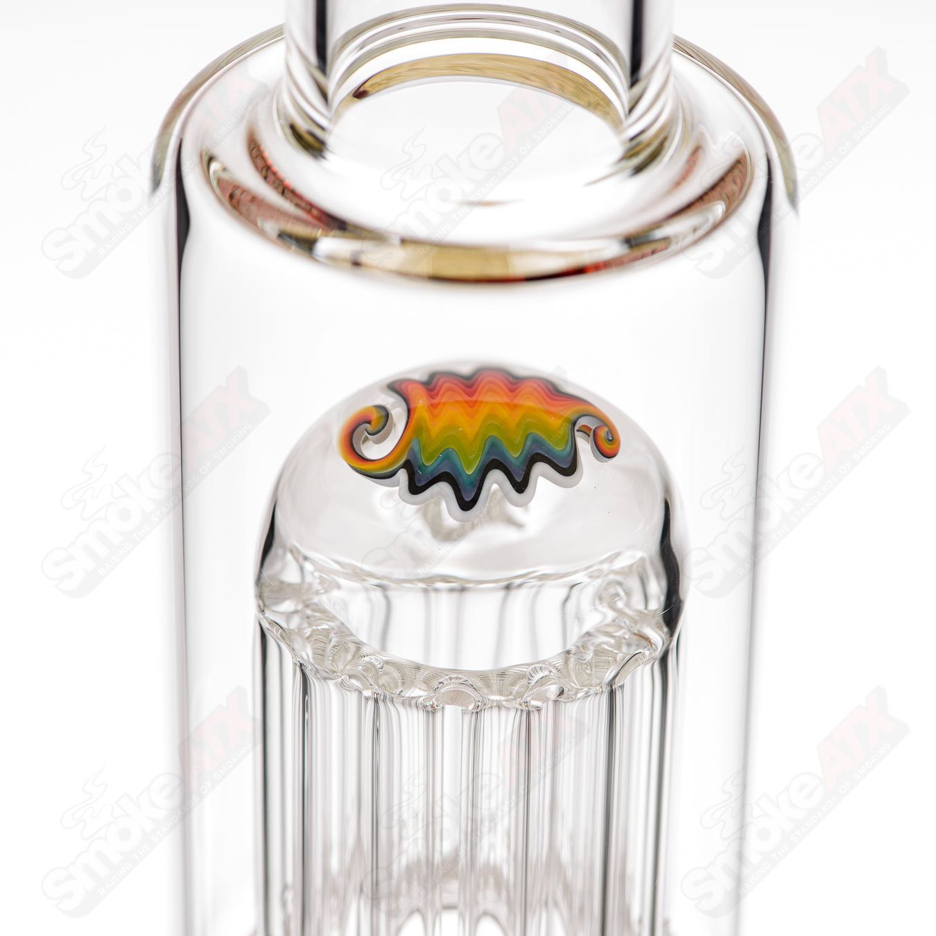 Toro 18mm 7/13 arm perc glass straight tube with worked sections, designed for smooth smoking experience.