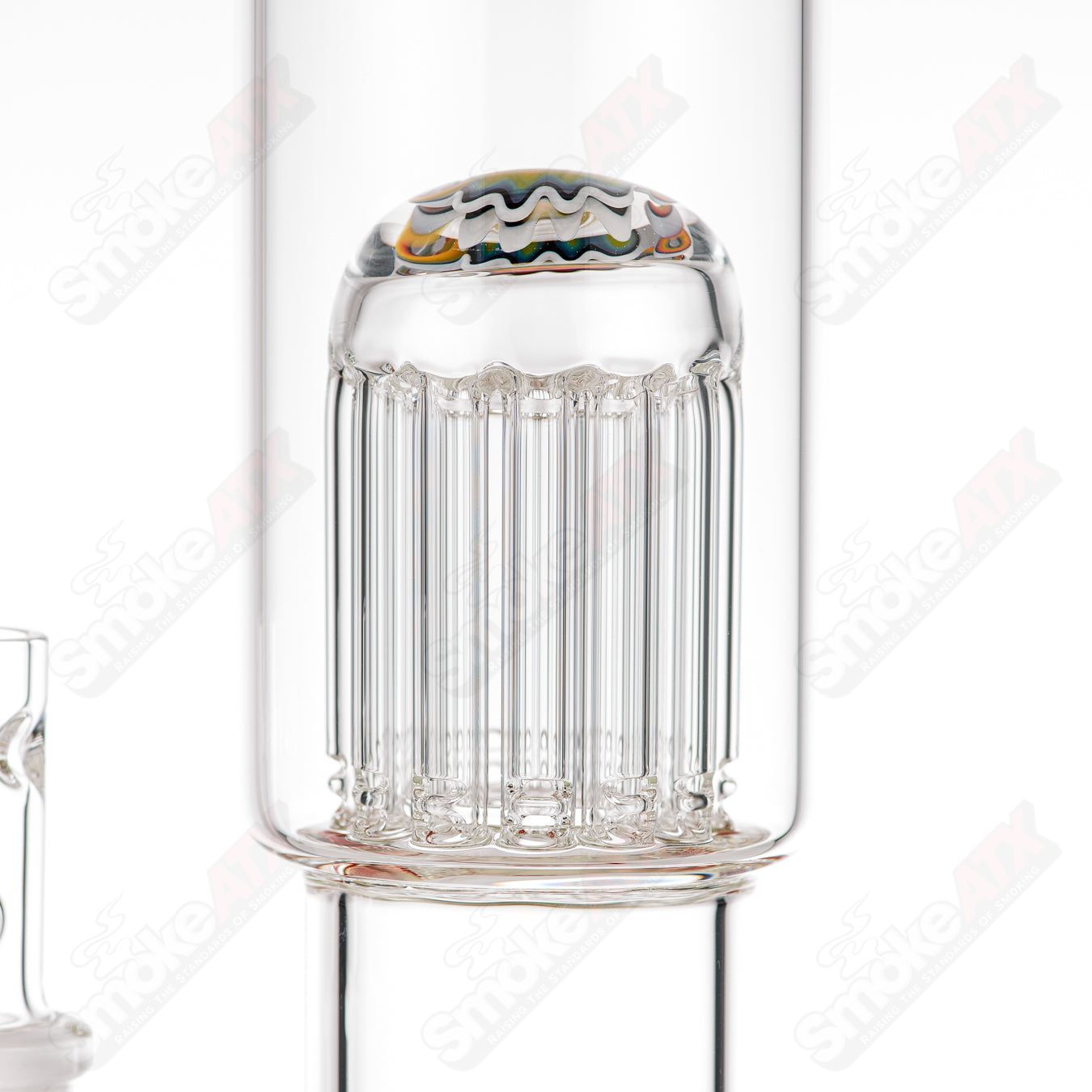 Toro 18mm 7/13 arm perc straight glass tube with worked sections, designed for smooth smoking experience.