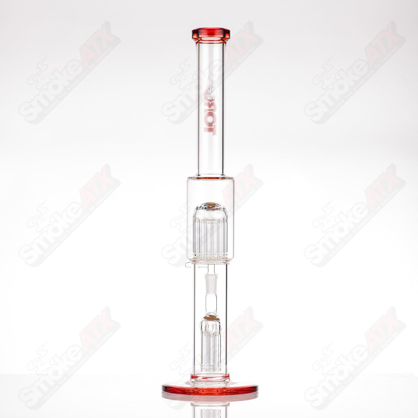 Toro 18mm 7/13 arm perc glass straight tube with worked sections, designed for smooth filtration and enhanced aesthetic appeal.