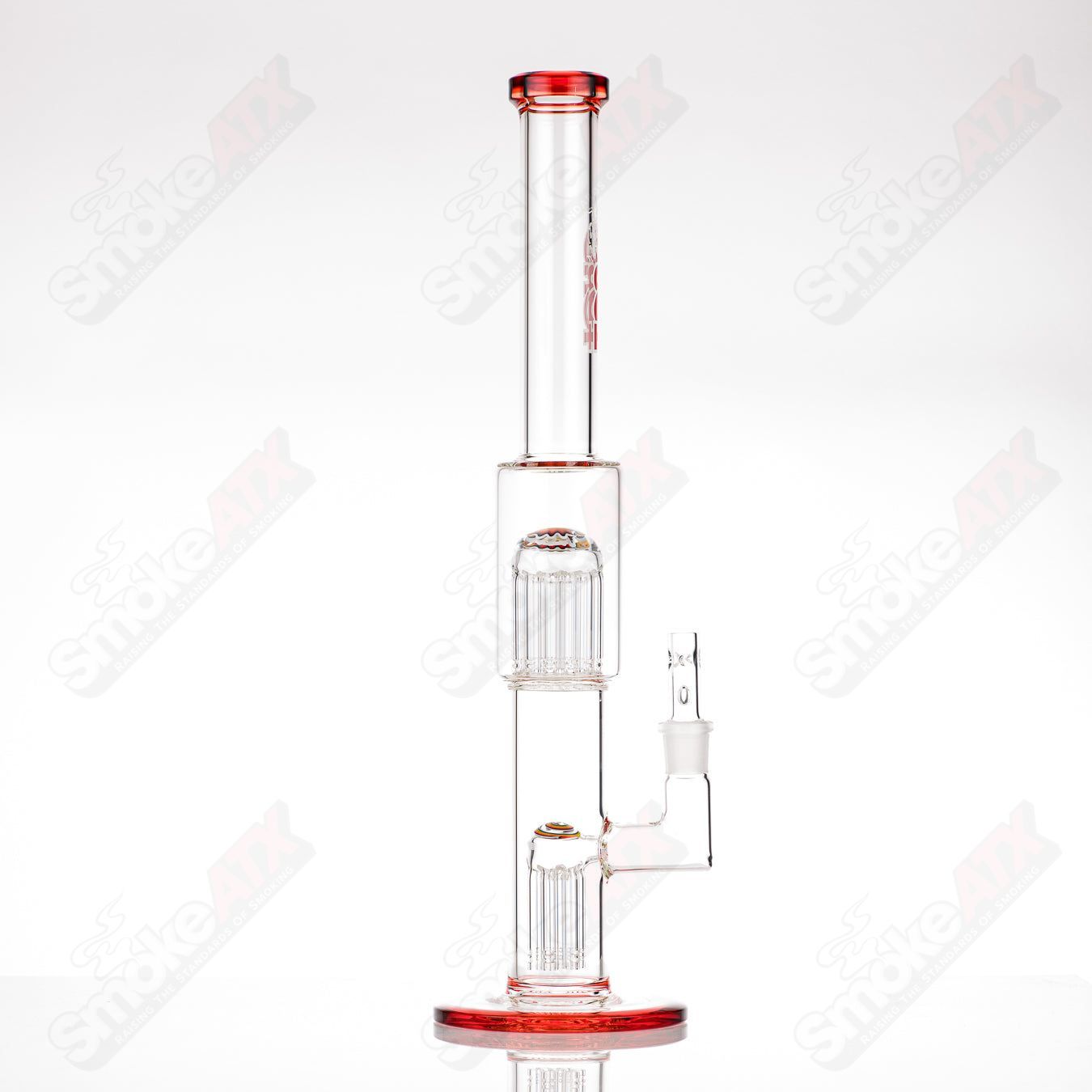 Toro 18mm 7/13 arm perc glass straight tube with worked sections, designed for smooth smoking experience.