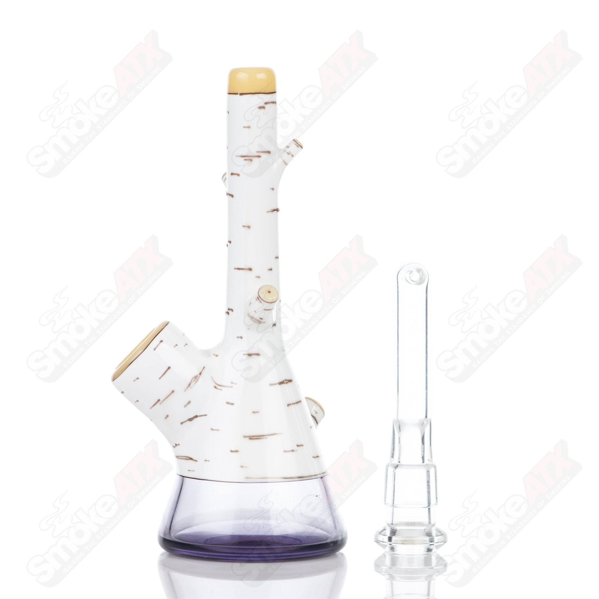 Foster Glass Heady Glass Birch Mini Tube, clear glass with a compact design and intricate details, perfect for vaping or smoking.