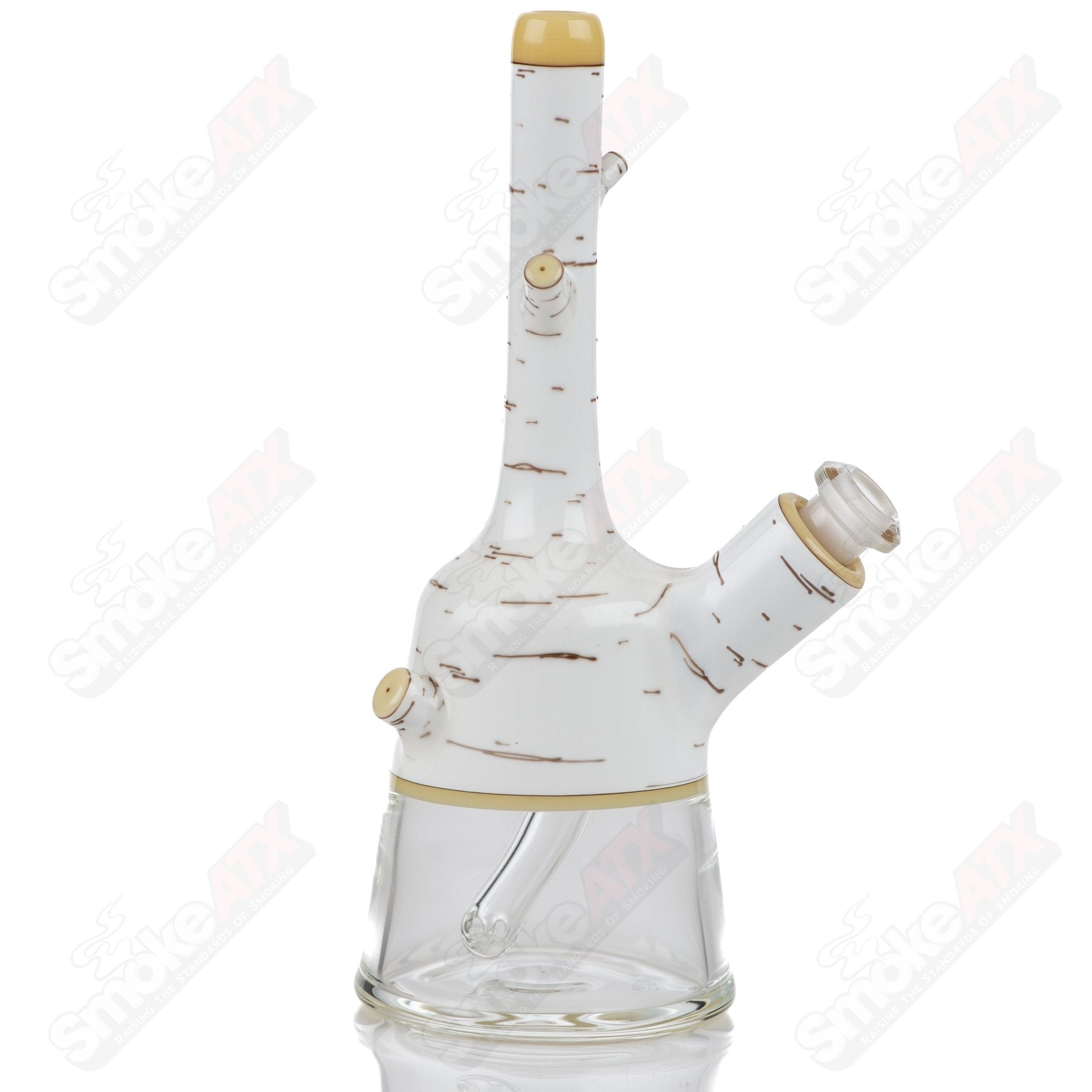 Foster Glass Heady Glass #2 Birch Tube Foster Glass with clear glass and intricate designs, showcasing a sleek, artistic smoking accessory.