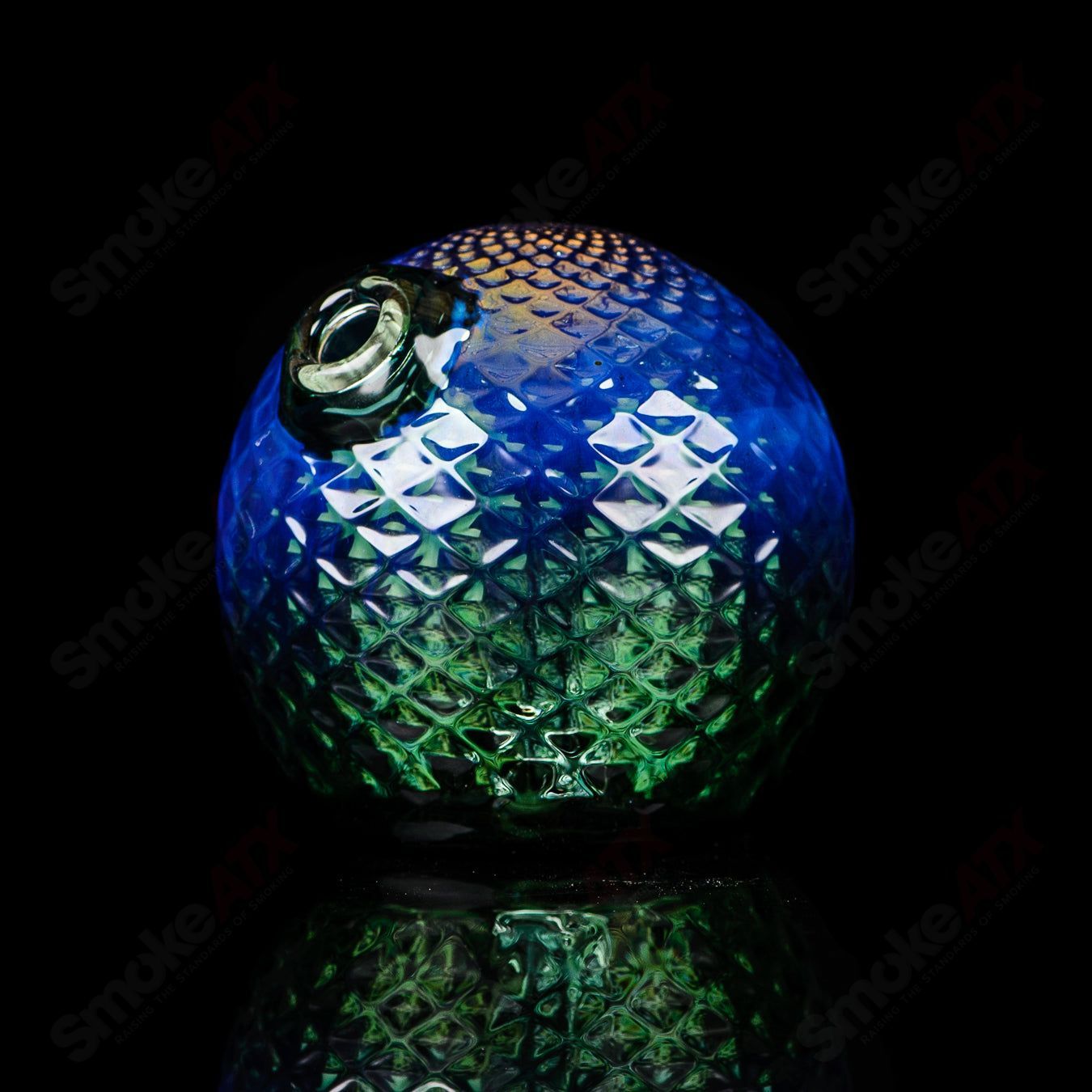 Fumed color sphere rig by James Lang, glass concentrate rig with vibrant fumed glass accents and rounded shape.