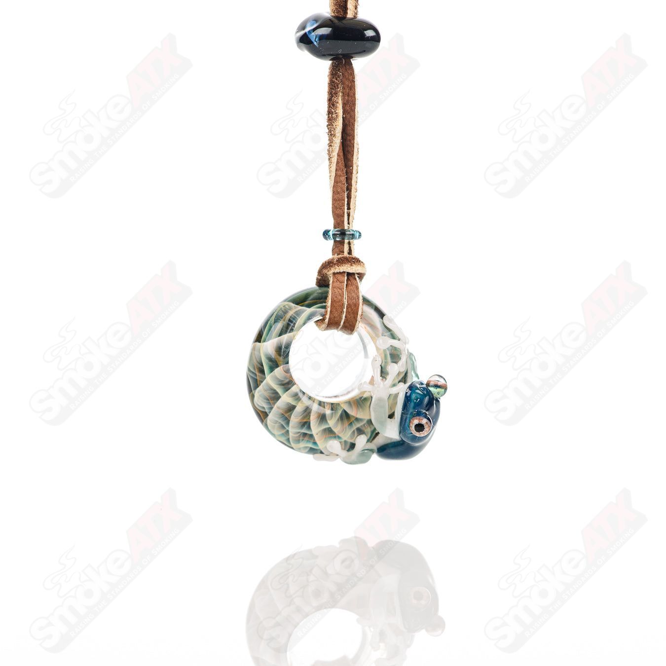 Kengtaro Hide and Seek Frog pendant made of colorful glass, featuring a playful frog design for heady glass jewelry.