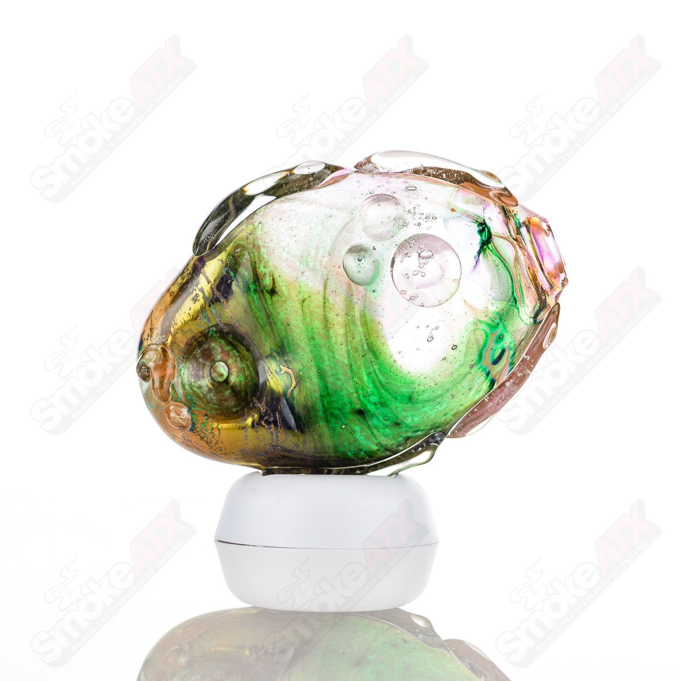 Glass pipe with a goddess design by Nobody, featuring clear glass and intricate details, perfect for smoking use.
