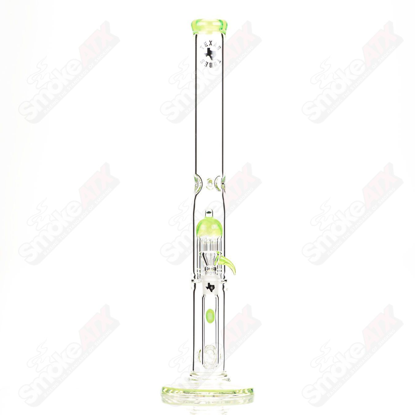 20-inch Texas Tubes glass straight tube with 18mm dual stemline 8-arm green slyme design, featuring intricate glasswork and vibrant color.