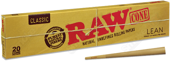 20-pack RAW Classic Cones Lean for rolling, made of natural paper, featuring a classic cone shape for easy use.