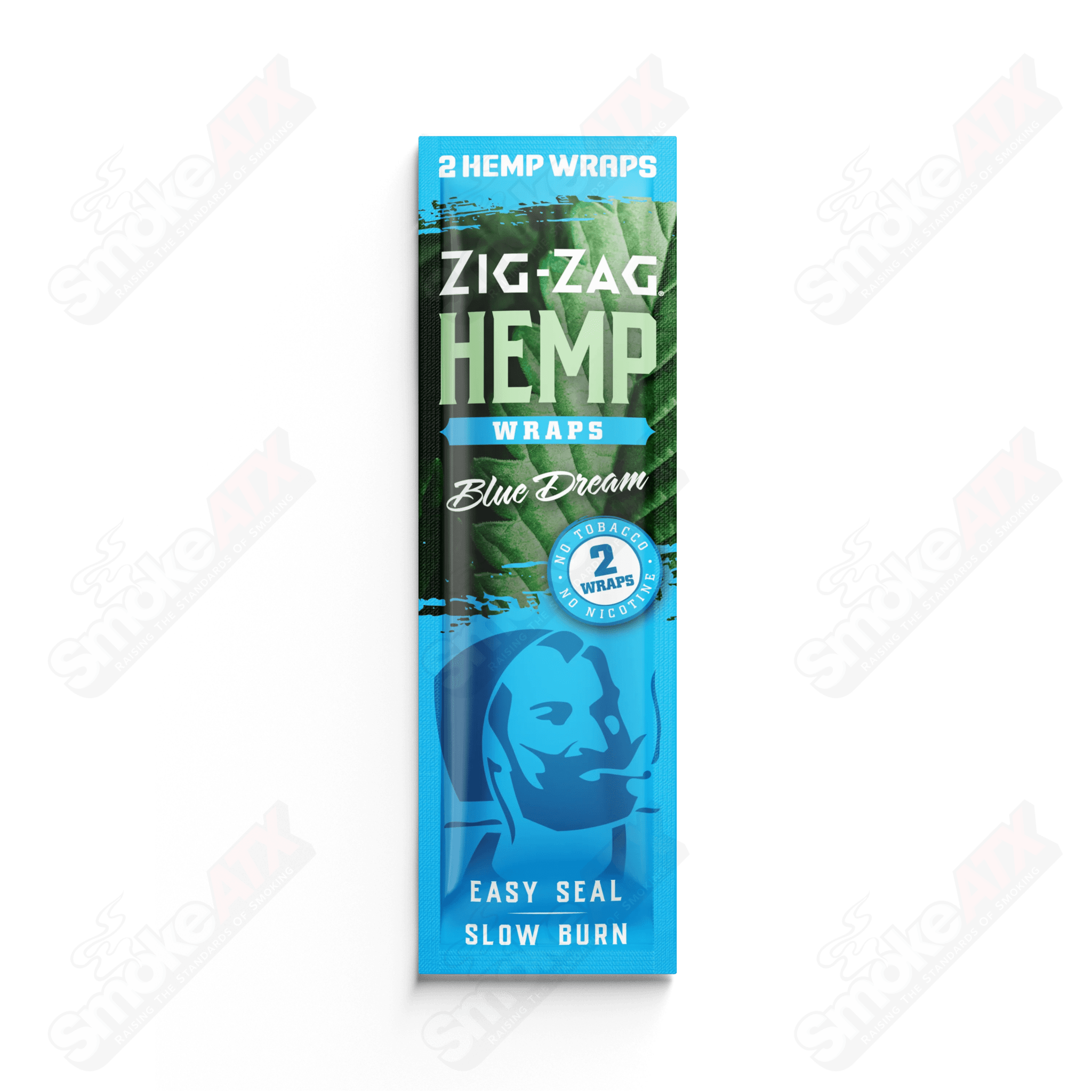 Two packs of Zig Zag Blue Dream hemp wraps for rolling, featuring vibrant blue packaging and natural hemp material.