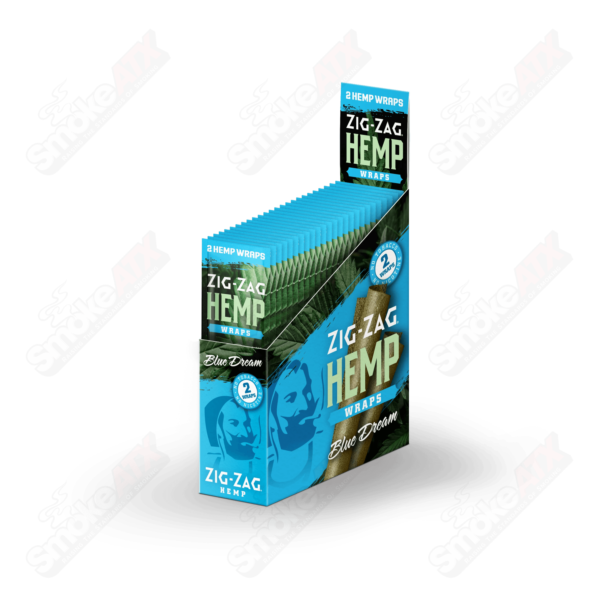 Two packs of Zig Zag Blue Dream Hemp Wraps for rolling, featuring vibrant blue packaging and hemp material.