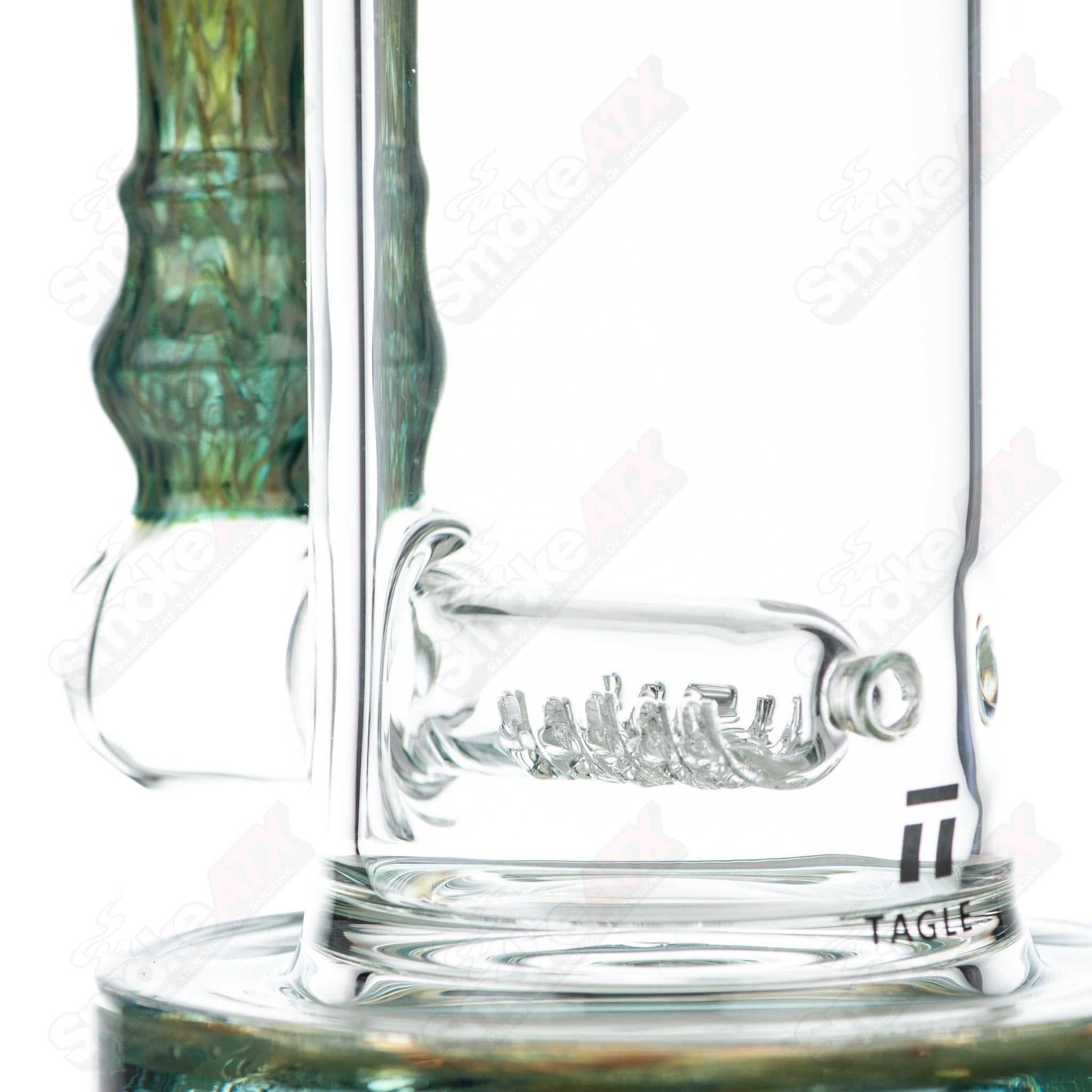 Tagle Glass 14mm 60mm wrap and rake inline waterpipe tube with clear glass construction and intricate design details.