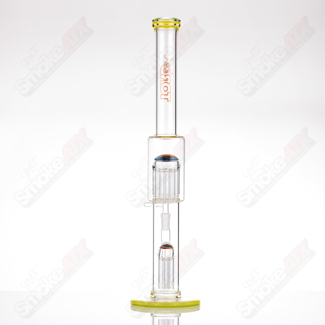 Toro 18mm 7/13 arm perc straight glass tube with worked sections, designed for smooth smoking experience.