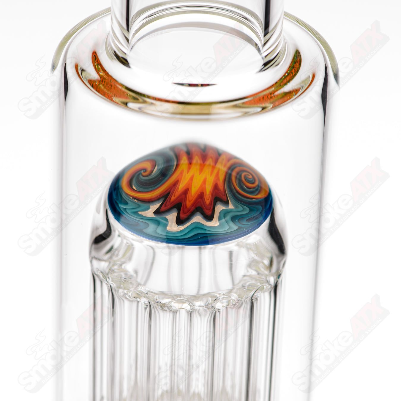 Toro 18mm 7/13 arm perc straight glass tube with worked sections for diffusion and style.