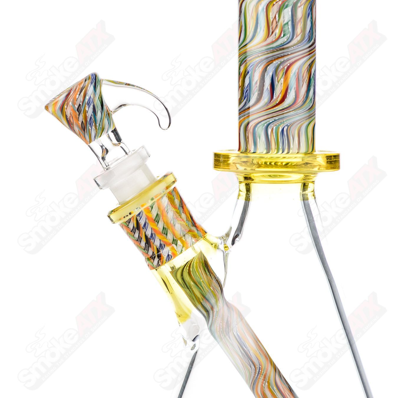 Three Stephan Peirce Glass x Harold Cooney beakers with colorful designs on clear heady glass, labeled as #3 Beaker SPG.