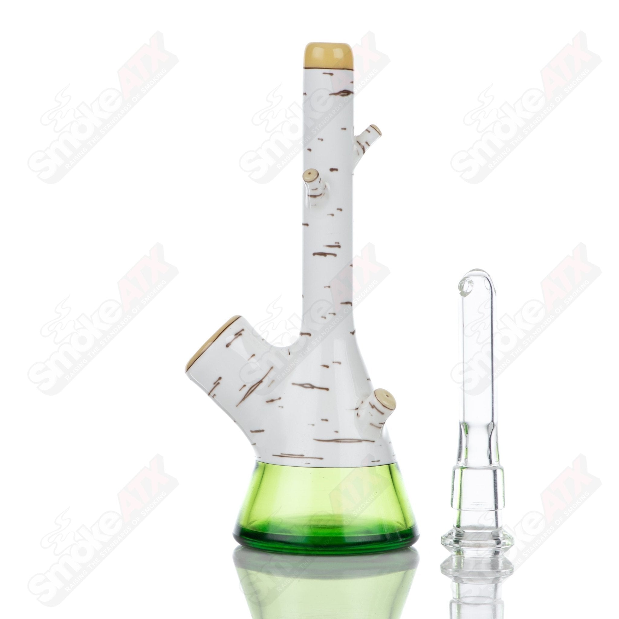 Foster Glass Heady Glass Mini Tube in Birch design, featuring a clear glass tube with detailed birch bark pattern.