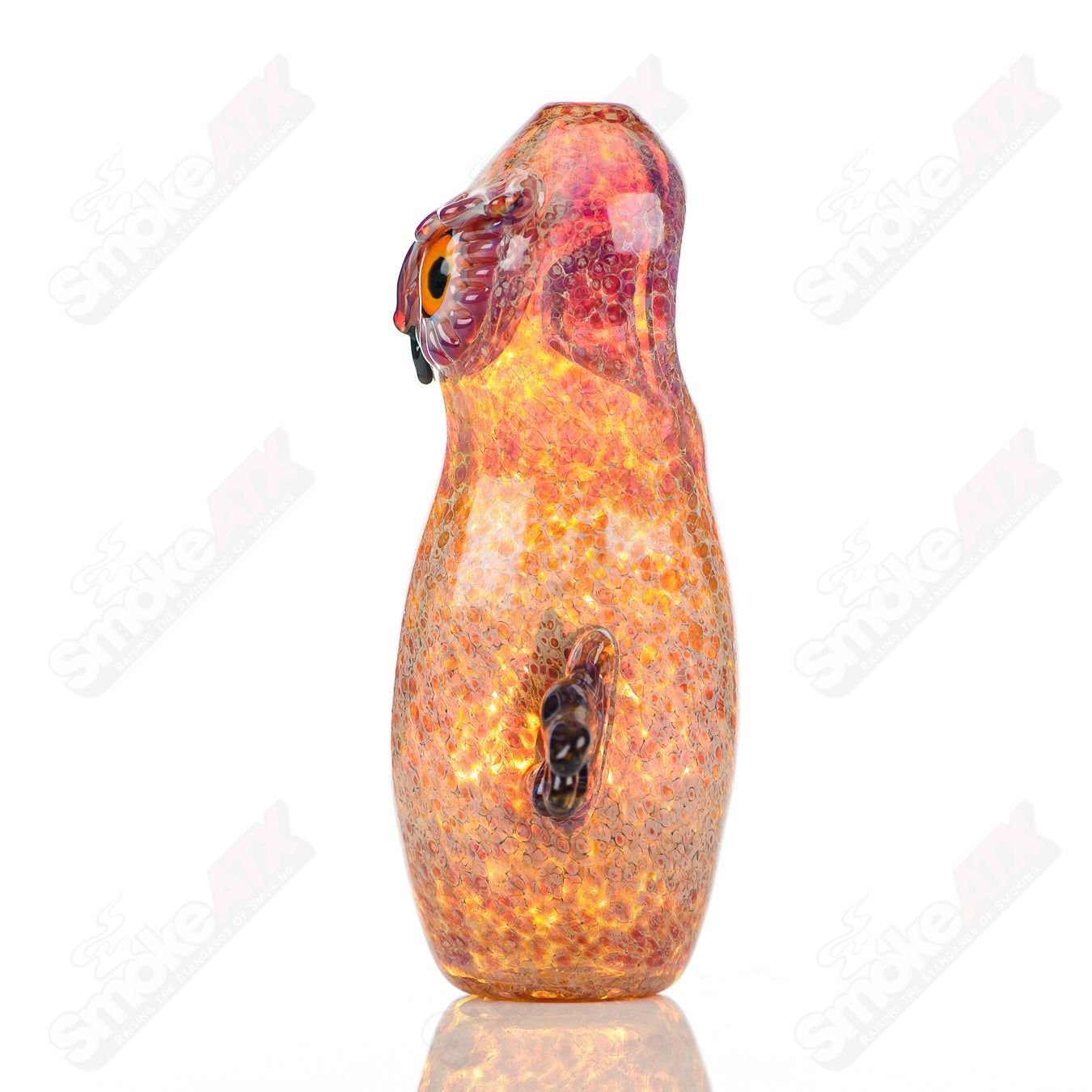 Glass pipe with three-hooter design by Four Winds Flameworks, featuring colorful glasswork and intricate details.