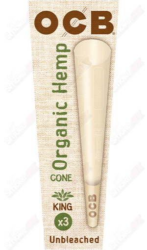 Three packs of King Organic Hemp Cones by OCB, natural rolling cones for herbal use, stacked together in the image.