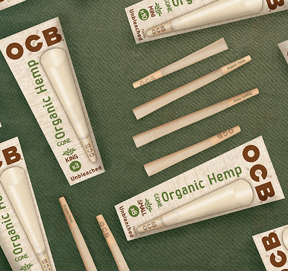 Three King Organic Hemp Cones by OCB displayed in a 3-pack, showcasing natural hemp material and cone shape for rolling herbs.