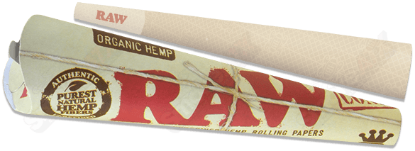 Three RAW king size organic hemp cones for rolling, displayed together on a plain background.