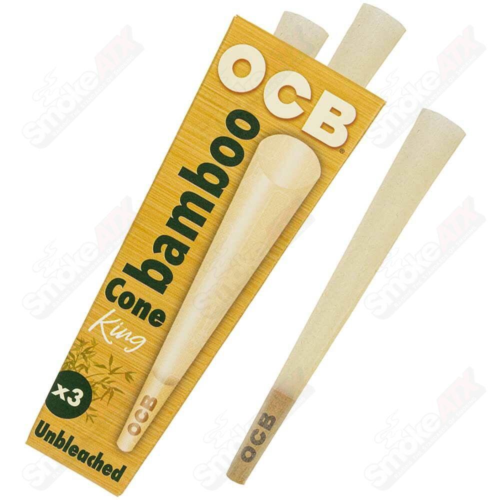 Three packs of OCB King unbleached cones for rolling, made of natural unbleached paper, ideal for rolling cigarettes or joints.