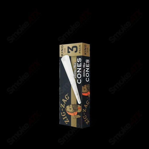 Three Zig Zag ultra-thin king size cones for rolling, shown in a 3-pack, designed for smooth and even burns.