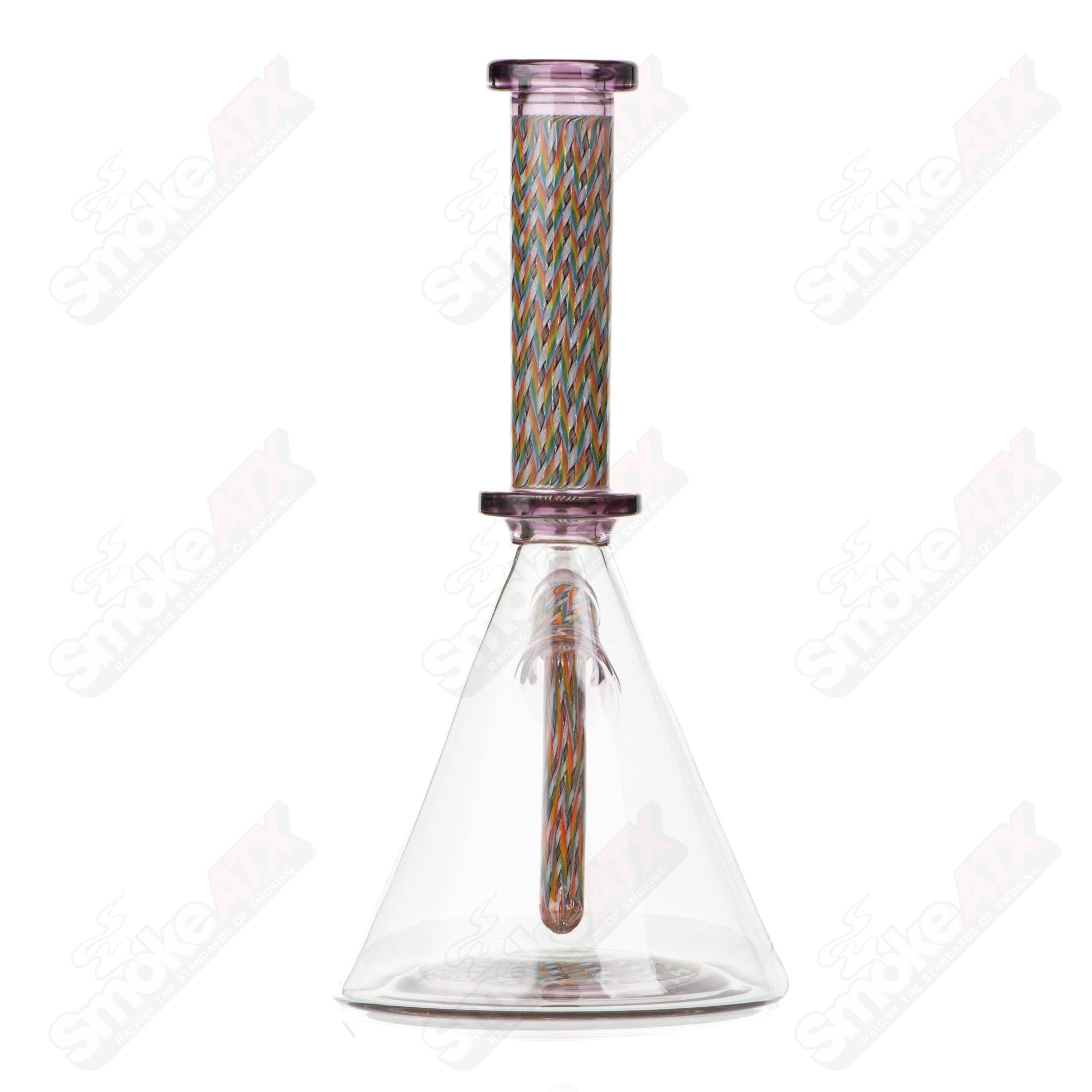 Beaker from Stephan Peirce Glass x Harold Cooney, heady glass beaker with detailed design and clear glass body.