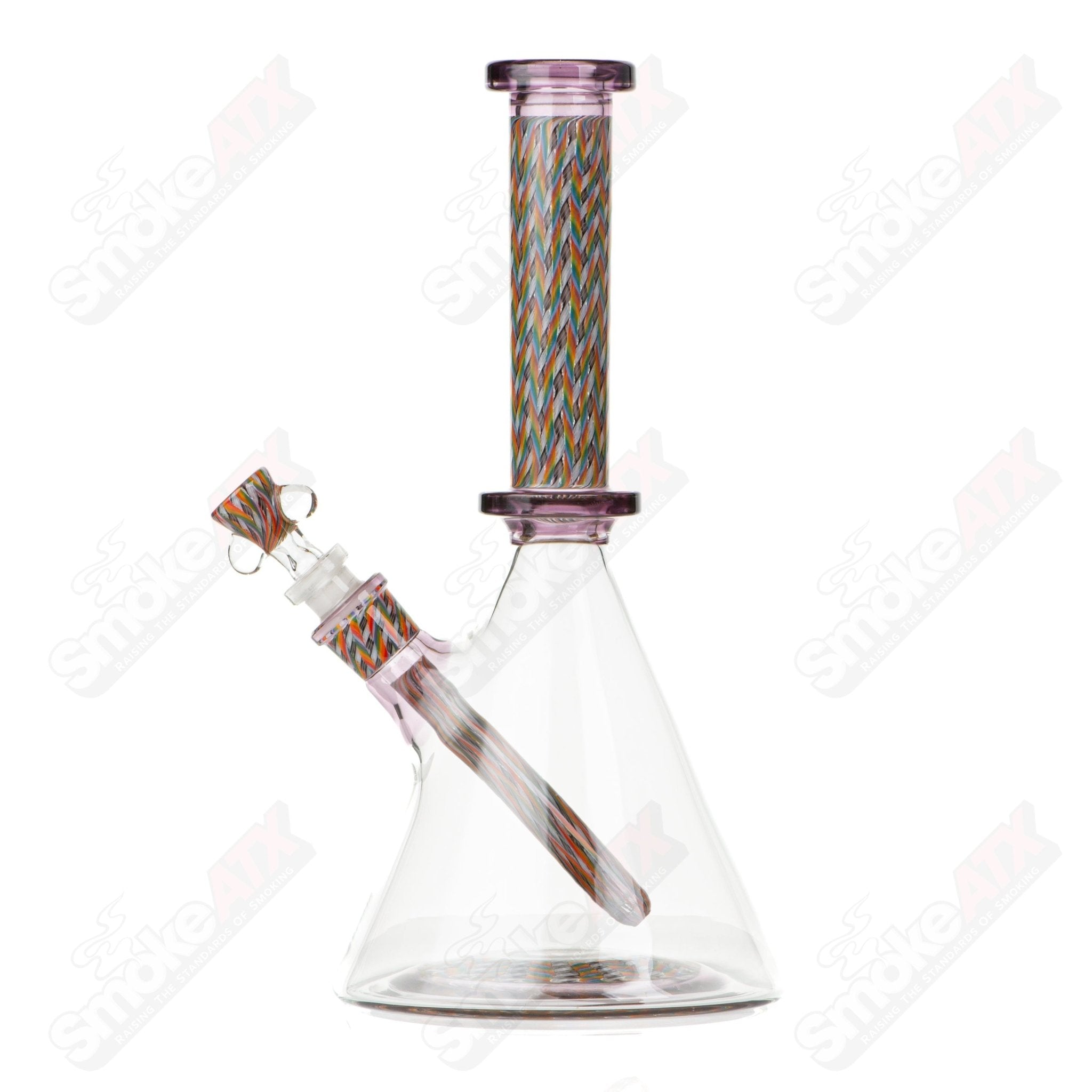 Four Stephan Peirce Glass x Harold Cooney beakers, clear heady glass with intricate designs and logo details.