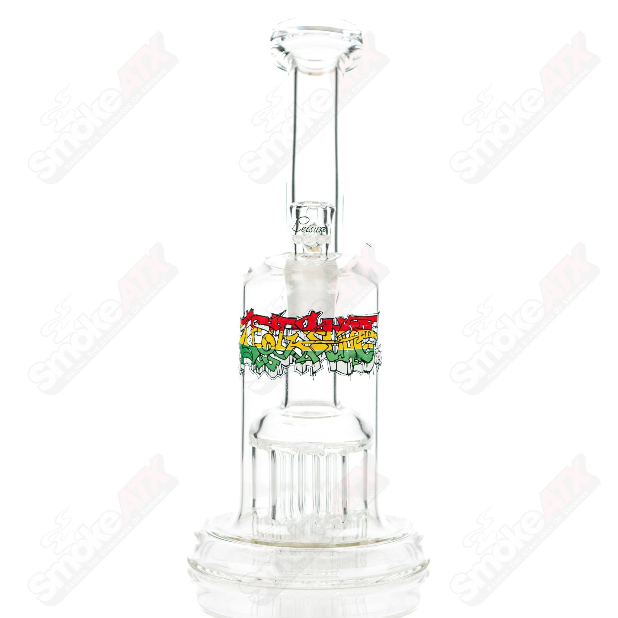 Leisure Glass Rasta 44 Mag Bubble Glass Bubbler with colorful Rasta design and clear glass body, detailed craftsmanship.