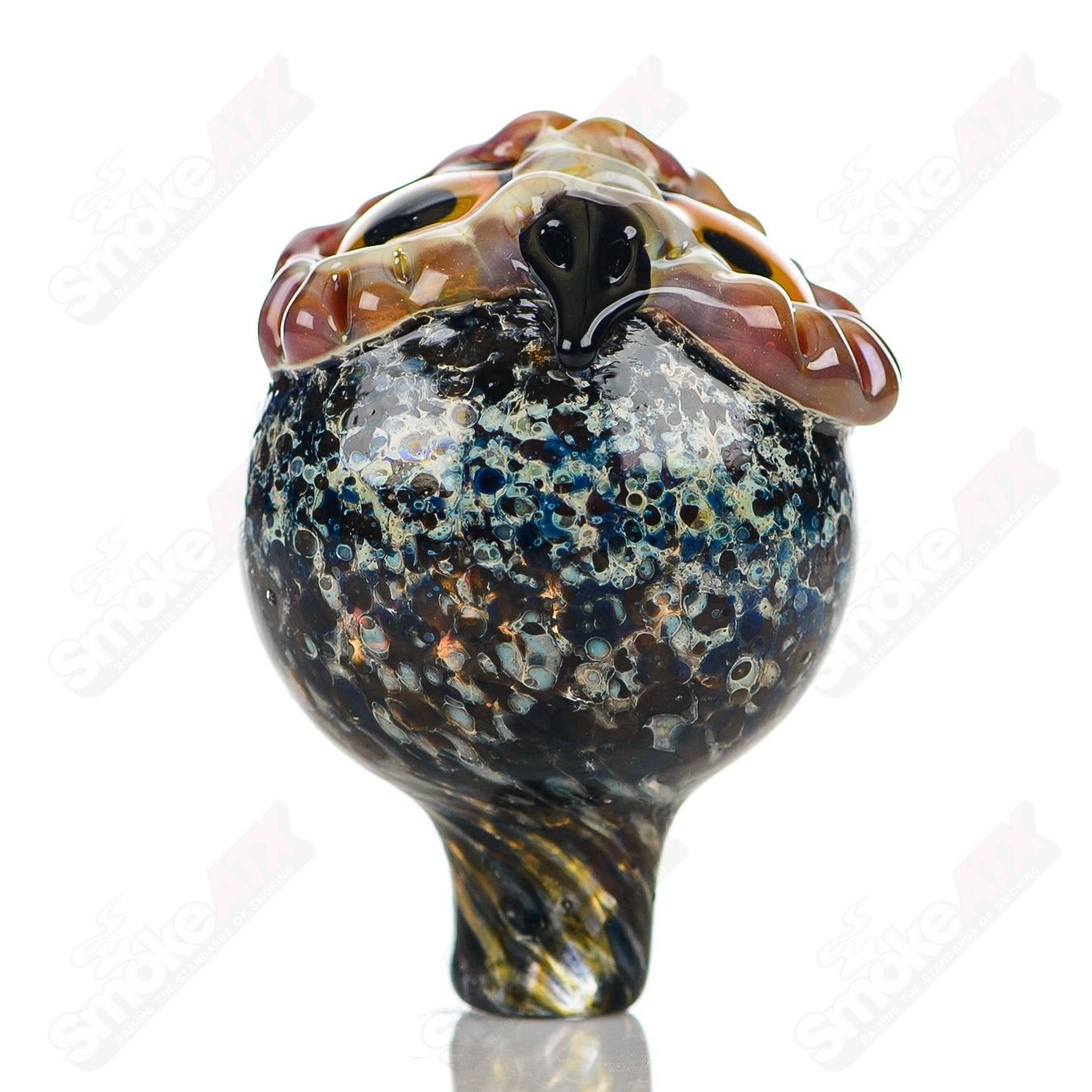 Glass #5 Spotted Owl Carb Cap by Four Winds Flameworks, featuring a detailed spotted owl design for concentrate dab rigs.