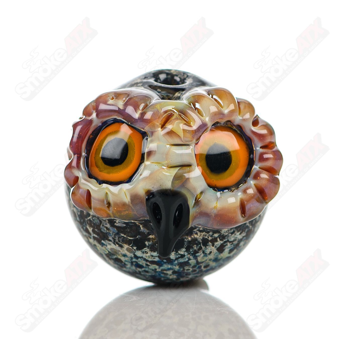 Glass #5 Spotted Owl Carb Cap by Four Winds Flameworks, featuring a detailed owl design for dab rigs and concentrates.