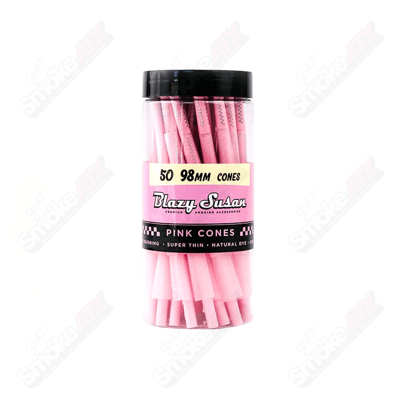 50 pink 98mm Blazy Susan cones for rolling, 420 products, displayed in a neat pile with colorful packaging.