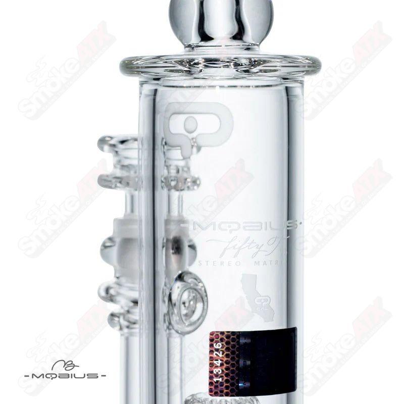 Mobius 50T V5 Stereo Matrix glass waterpipe with intricate design and clear borosilicate glass construction.