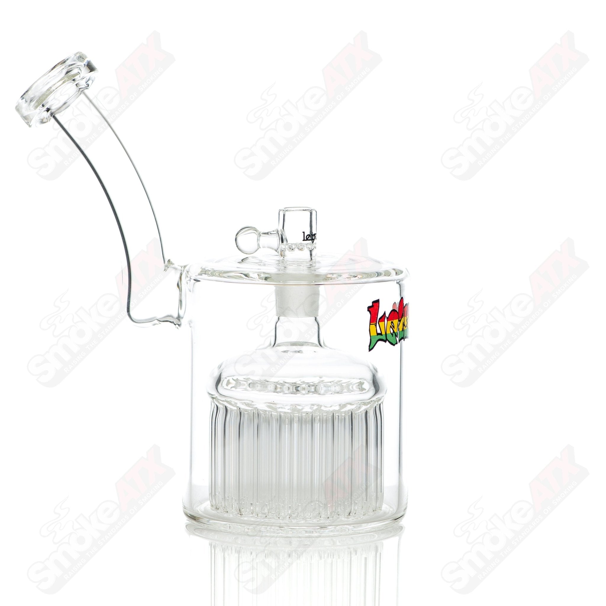 Leisure Glass 54-arm bubbler featuring a clear glass design with multiple arms and intricate detailing for smooth smoking experience.