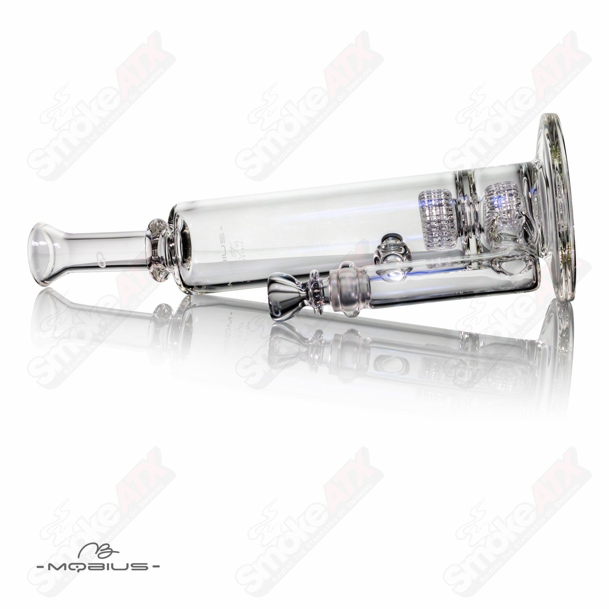 Mobius 60T V3 Stereo Matrix glass straight tubes for vaporizer, featuring intricate glasswork and clear design.
